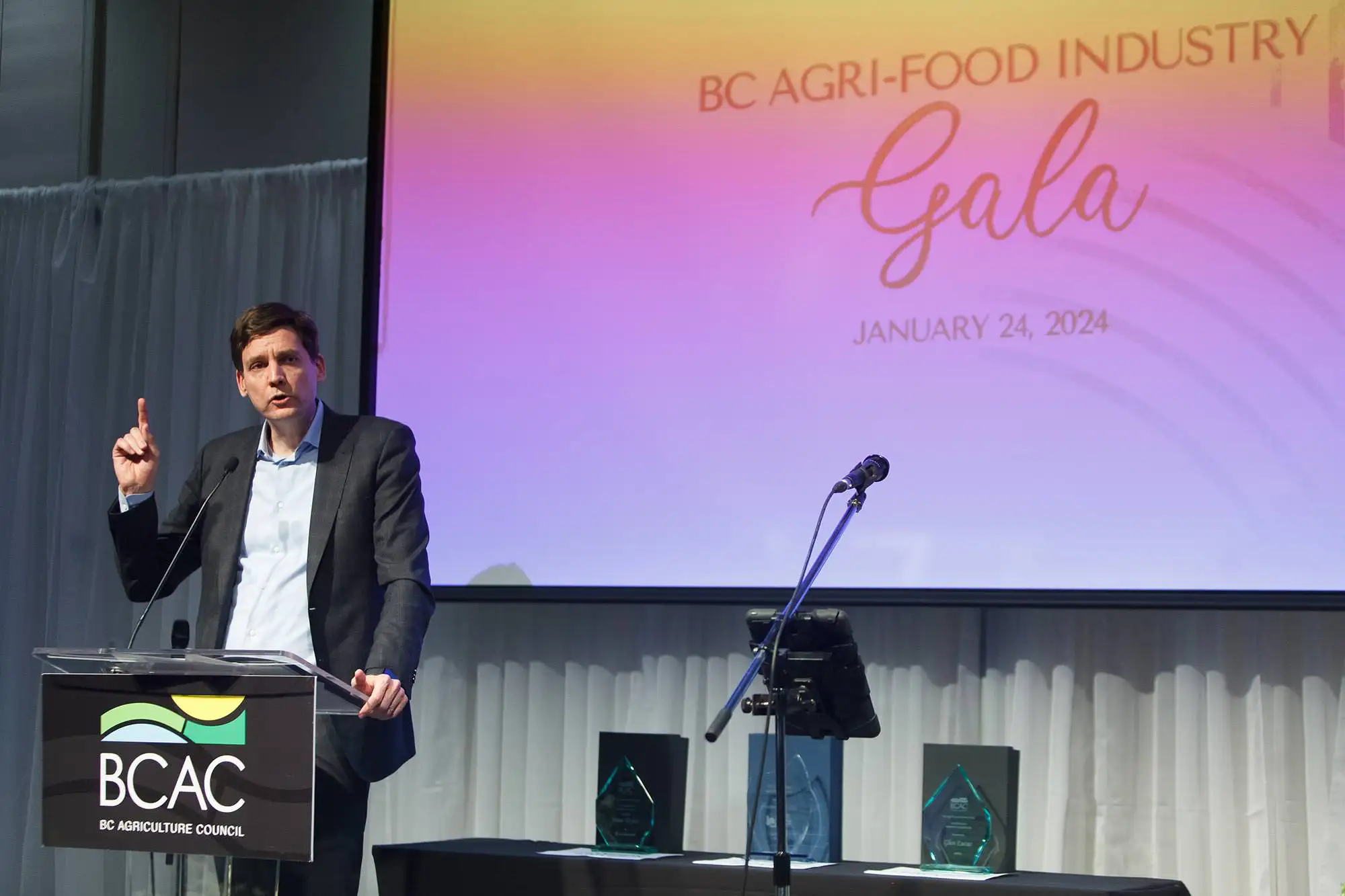 BC premier David Eby speaks at the BC Ag gala in Abbotsford, B.C.