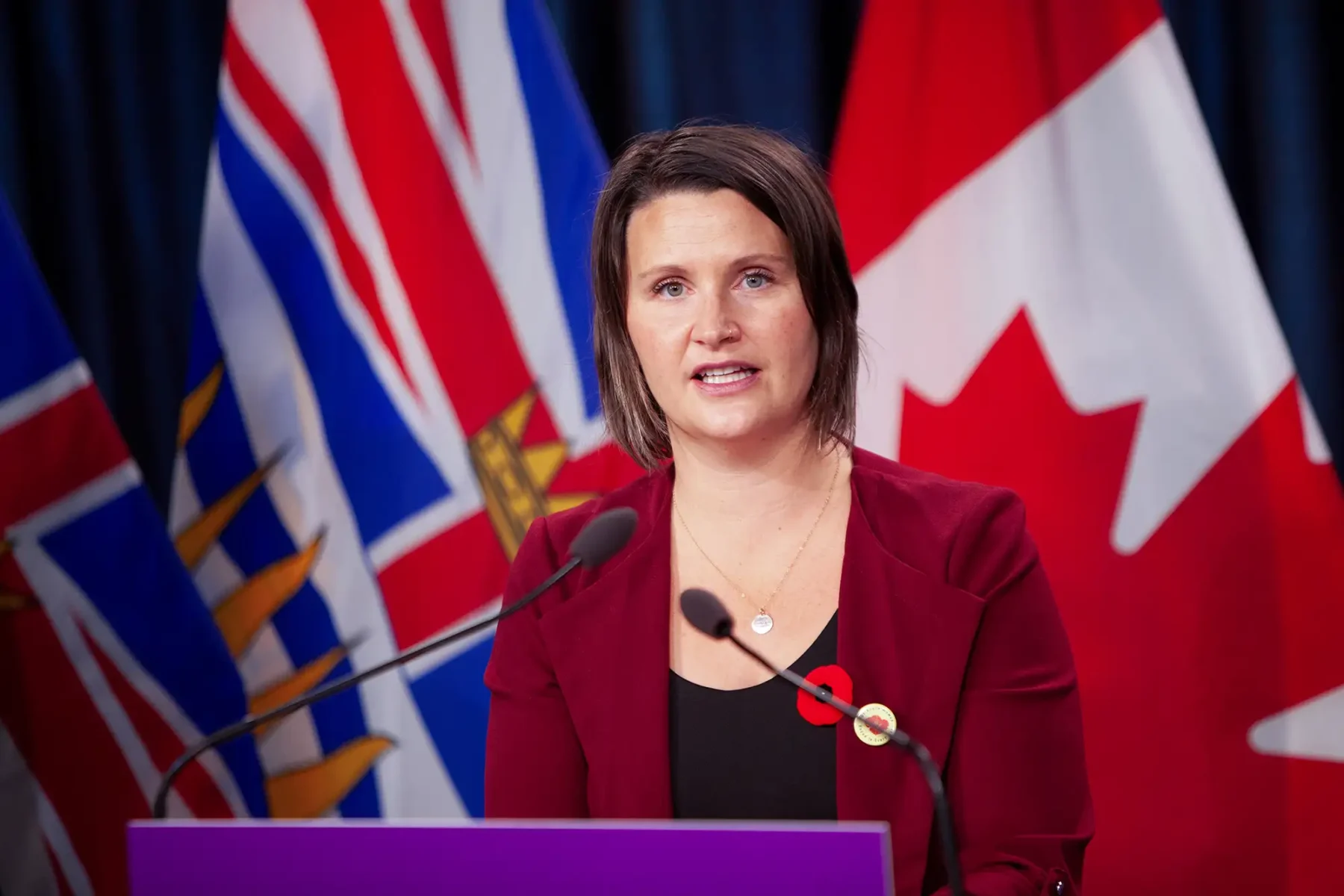 a government minister speaks from the podium during an announcement in Victoria BC